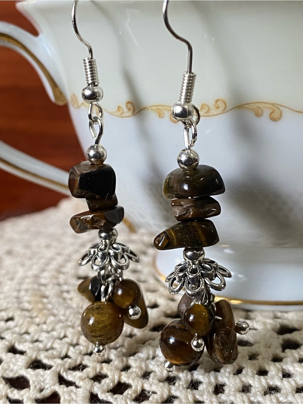 Tiger Eye Dangle Earrings - Gemstone Cluster